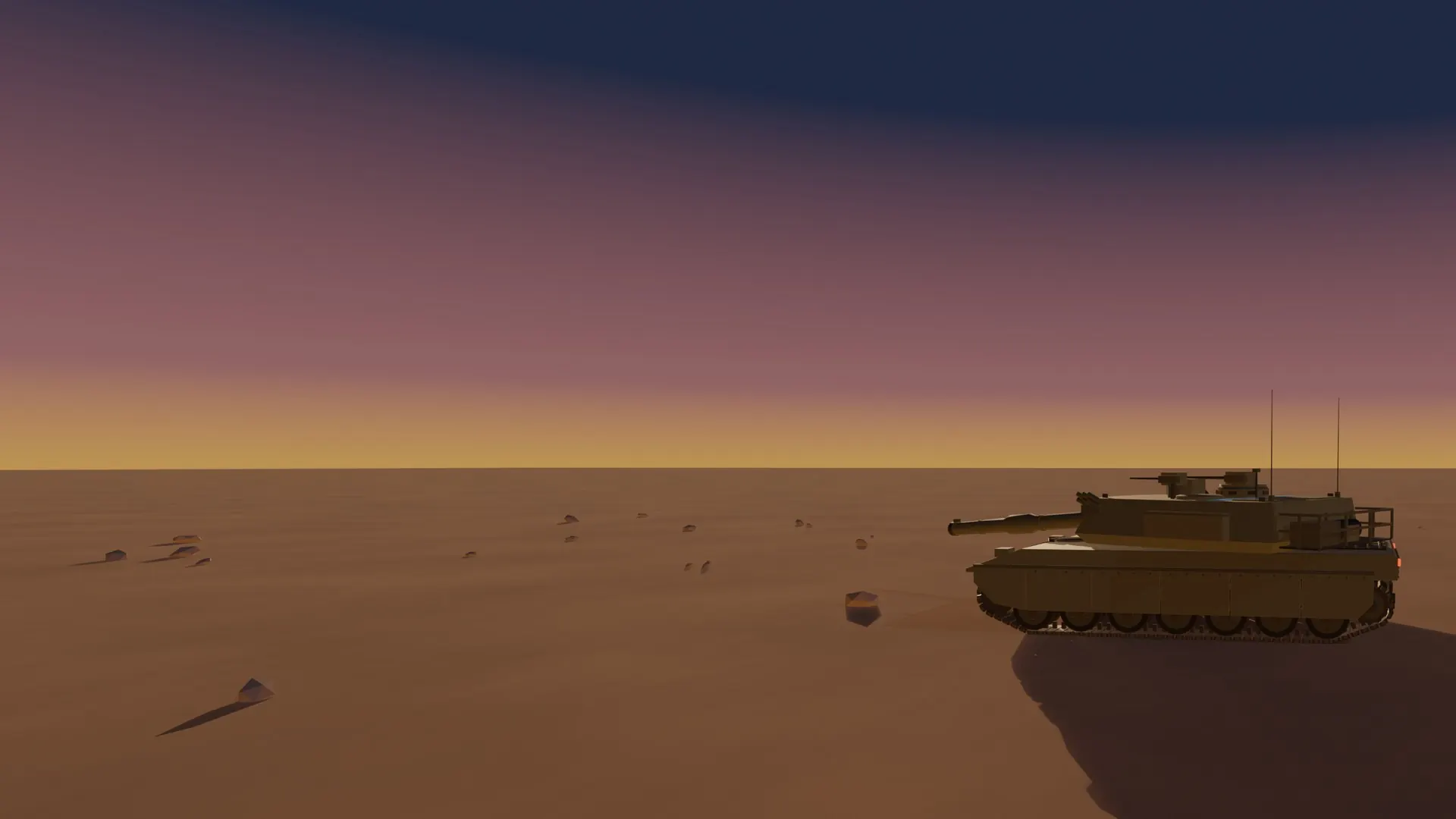A tank on a desert plain at dusk.
