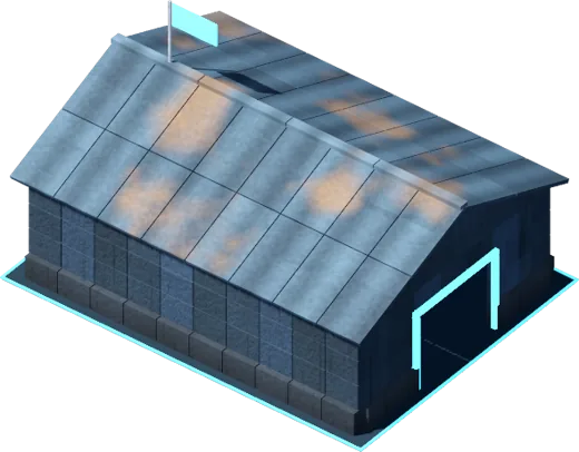 A blue-roofed Barracks building.